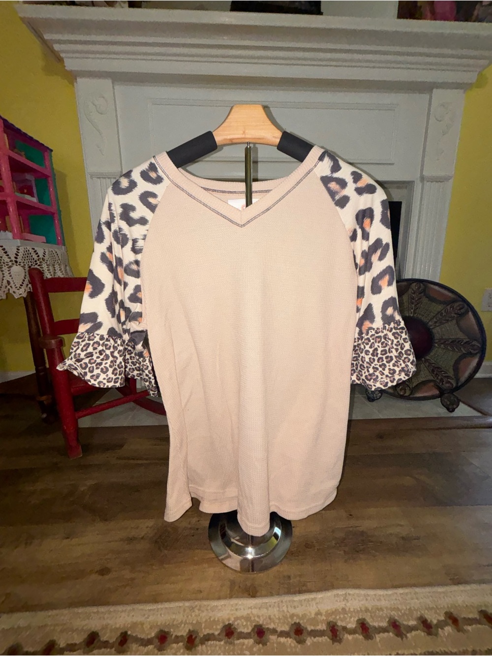 White Fox Boutique Beige V-Neck Top with Leopard Raglan Sleeves